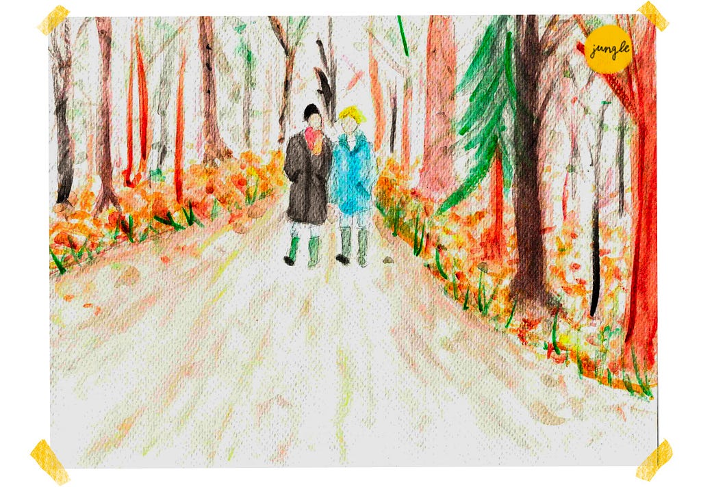 Watercolour painting shows two men with winter jackets taking a walk in a forest-type path; the Jungle company logo is on the upper right corner.