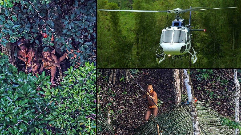 Amazon tribe shooting arrows at a helicopter