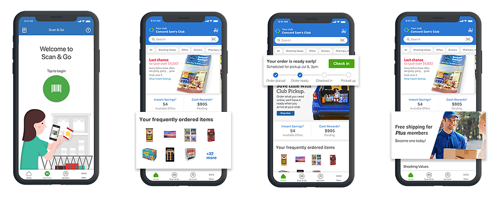 Mockup photos of Sam’s Club App, showcasing the ‘scan & go” feature
