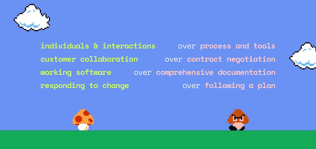 The Agile Manifesto depicted as floating words over a Mario Power-up Mushroom (positive) on the left and Goomba (negative) on the right. Words combine into sentences: individuals & interactions over process and tools; customer collaboration over contract negotiation; working software over comprehensive documentation; responding to change over following a plan