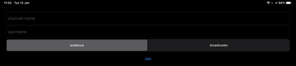 iOS form with options for channel name, username, and broadcast/audience switch