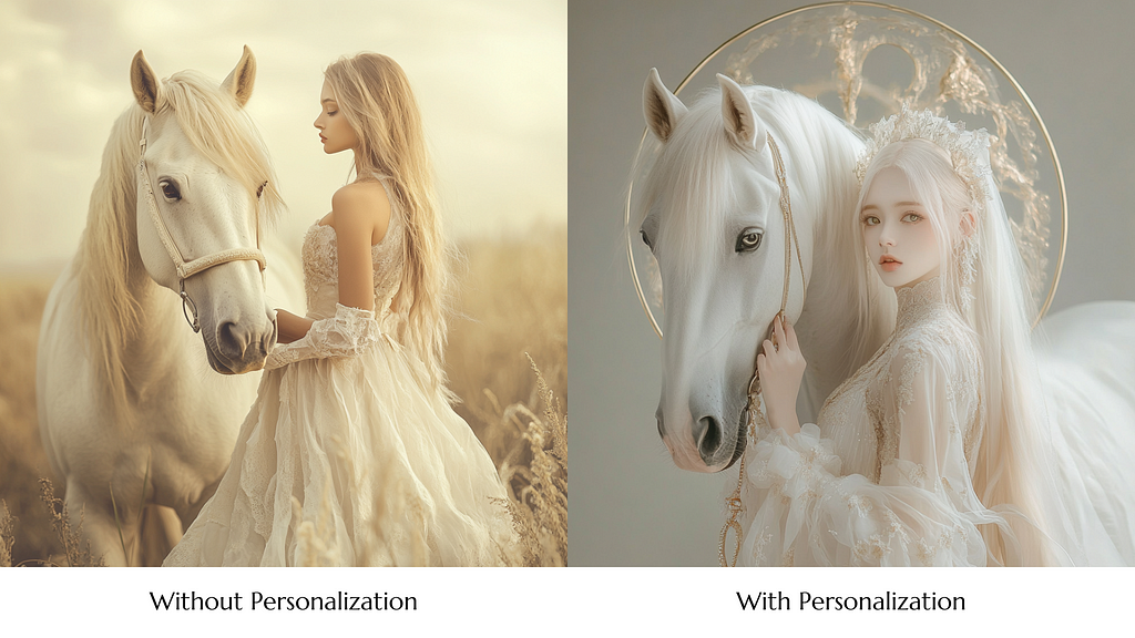 Images of a girl with white hair standing beside a white horse with and without personalization