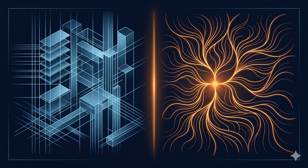 A frame divided vertically by a thin glowing amber line. Left half: a rigid geometric structure of intersecting blue lines and angular forms — precise, mechanical, inherited. Right half: organic amber tendrils flowing outward from a luminous center — alive, purposeful, grown. Same scale, fundamentally different nature. The product you built versus the one you would build today, starting from purpose.