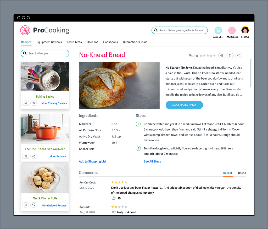 Mockup of a webpage with a recipe for bread baking and related information