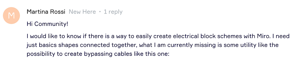 Hi Community! I would like to know if there is a way to easily create electrical block schemes with Miro. I need just basics shapes connected together, what I am currently missing is some utility like the possibility to create bypassing cables like this one: