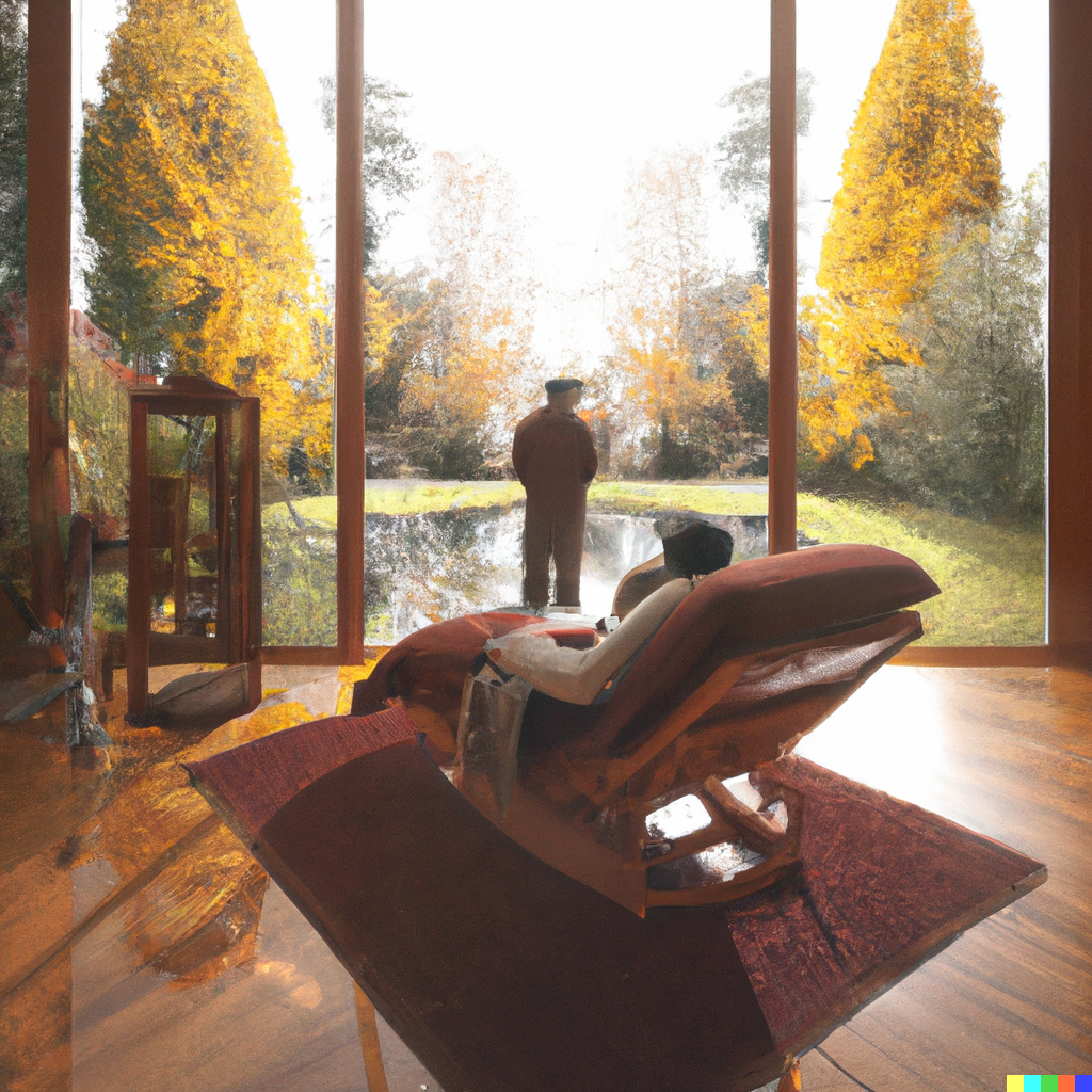 “Man and woman look at a glass door along a large living room that exposes a view of a late autumn garden. Different shades of dark yellow and orange dominate the picture. ”