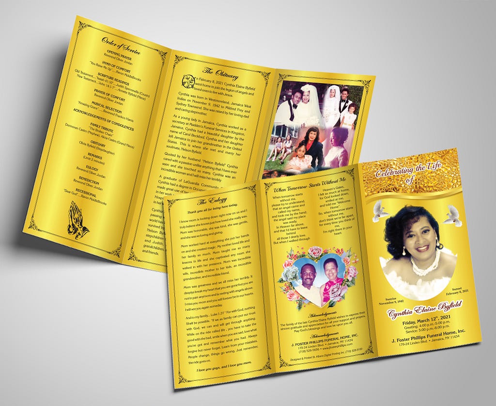 The large 3 panel funeral program is extremely straightforward. It prints two fold sided, and overlay over twice for a 3 panel presentation.