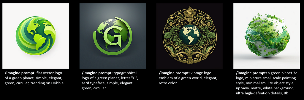 Examples of various types of logos generated by Midjourney for the same company “Green Planet”, just by tweaking the prompt slightly