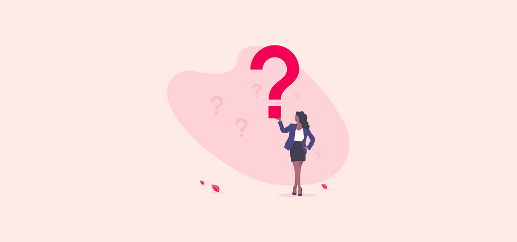 An illustration of a woman holding a giant question mark on her hand.