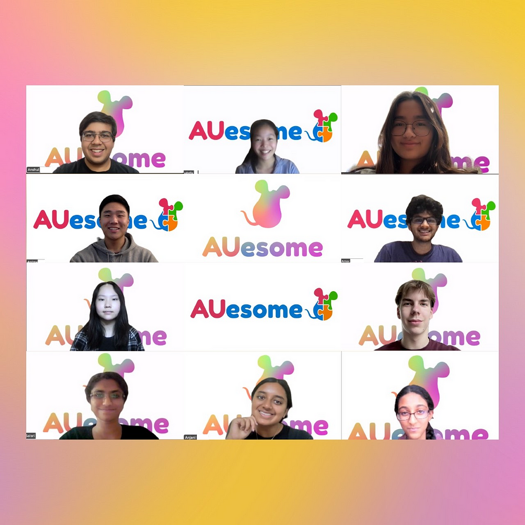 Photo of the AUesome team in a virtual meeting with matching virtual backgrounds.