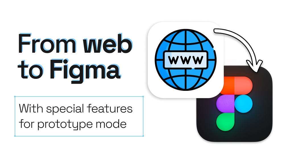 Title ‘From web to Figma with special features for prototype mode’ and the icon of a globe with www, with an arrow pointing into a Figma logo.
