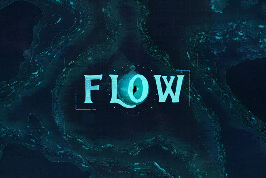 The final opening shot of “Flow”: the word “flow” overlaid onto a compass with an oceanic background.