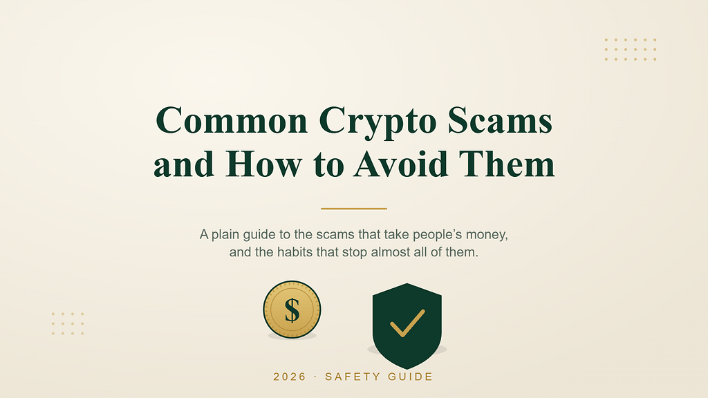 Title graphic for a 2026 guide to common crypto scams and how to avoid them, with a gold coin and a green security shield.