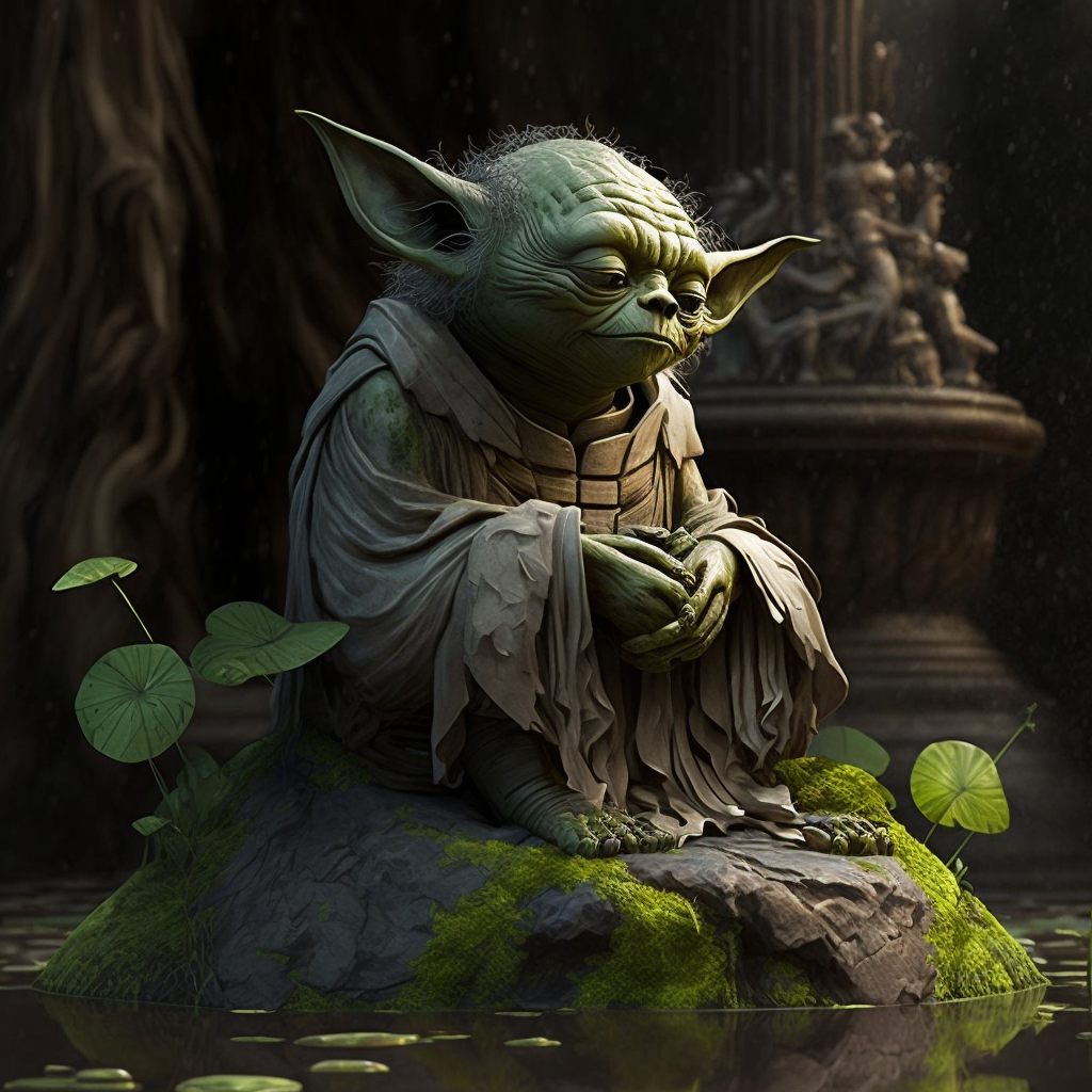 Yoda is sitting on a stone, calm and peaceful.