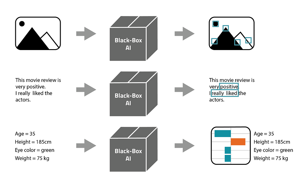 Visualisering af feature attribution forklaringer på billede-, tekst- og tabeldata.