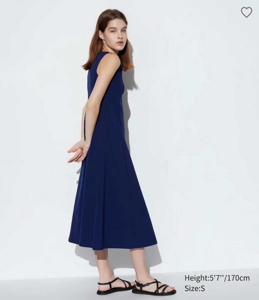 Blue sleeveless dress on a model who is skinny and 5 fit 7in not me who is fat and 5ft 4in