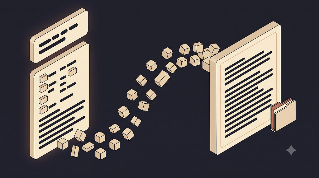 A short prompt and an example file become a structured draft — the whole first version made in a conversation.