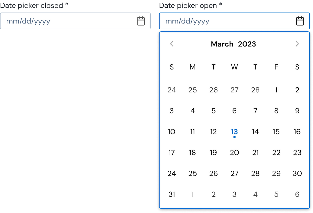 An image showing one closed datepicker and one that is opened showing the calendar