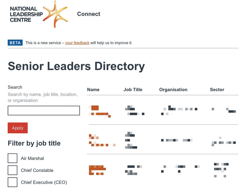 A screenshot of the Connect service, showing the ‘Senior Leaders Directory’ — personal details are pixelated