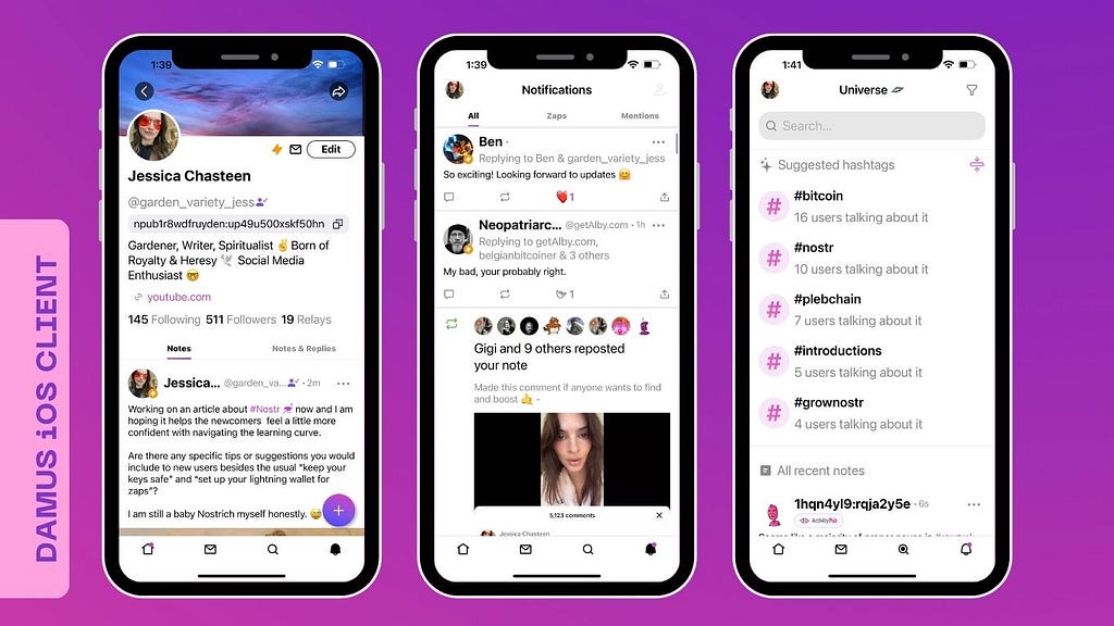 My profile view, notifications view, and search view on Damus, an iOS Nostr client.