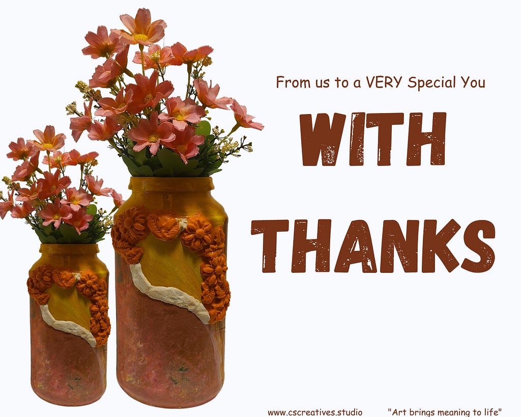 A vase painted orange and yellow with the word “from us to a very special you with thanks”