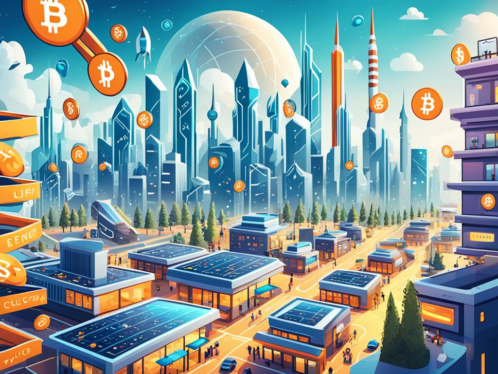A futuristic city skyline with digital currency symbols prominently displayed, as if they are integrated into the physical architecture. The city is bustling with people using cryptocurrency for daily transactions, such as buying coffee or groceries. There are also drones and autonomous vehicles powered by blockchain technology, flying and driving around the city. In the distance, there is a rocket taking off, symbolizing the potential for crypto to reach the stars.