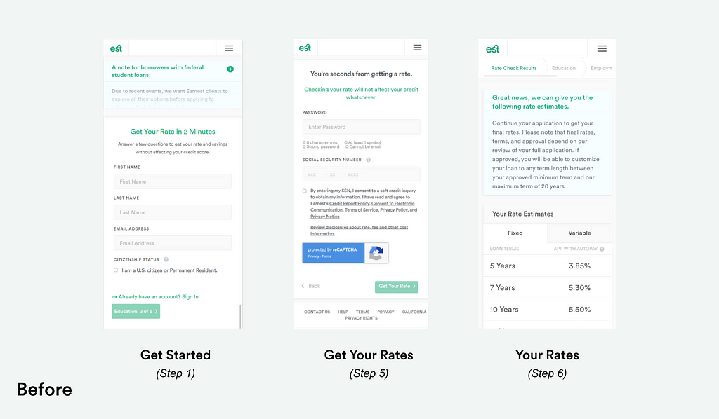 Image of previous screenshots for rate check flow