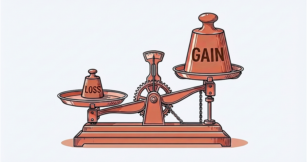 Illustration of a balance scale where a small weight labelled “loss” tips lower than a larger weight labelled “gain,” representing the psychological phenomenon of loss aversion.