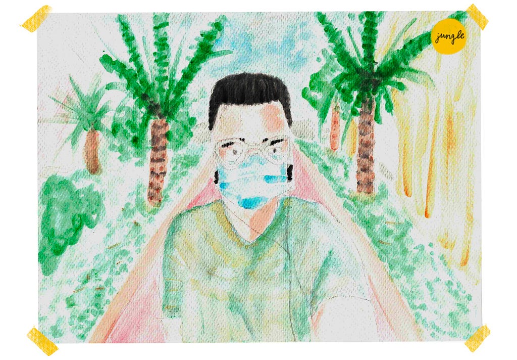 Watercolour painting showing a man with earphones taking a walk and pointing his camera right at him, as if chatting someone via video call; the Jungle company logo is on the upper right corner.