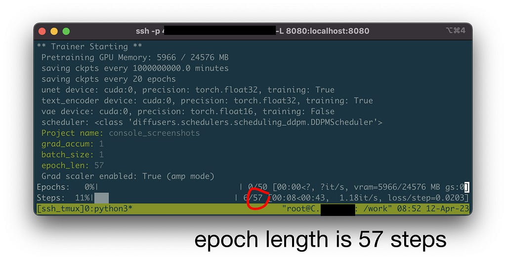 screenshot of a terminal window with “6/57” circled in red, indicating that the epoch length is 57 steps