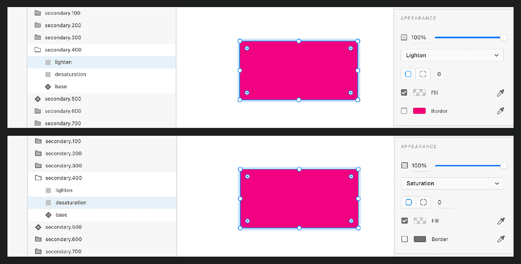 An image of coloured rectangle with properties used to lighten and desaturate its colour in Adobe XD.