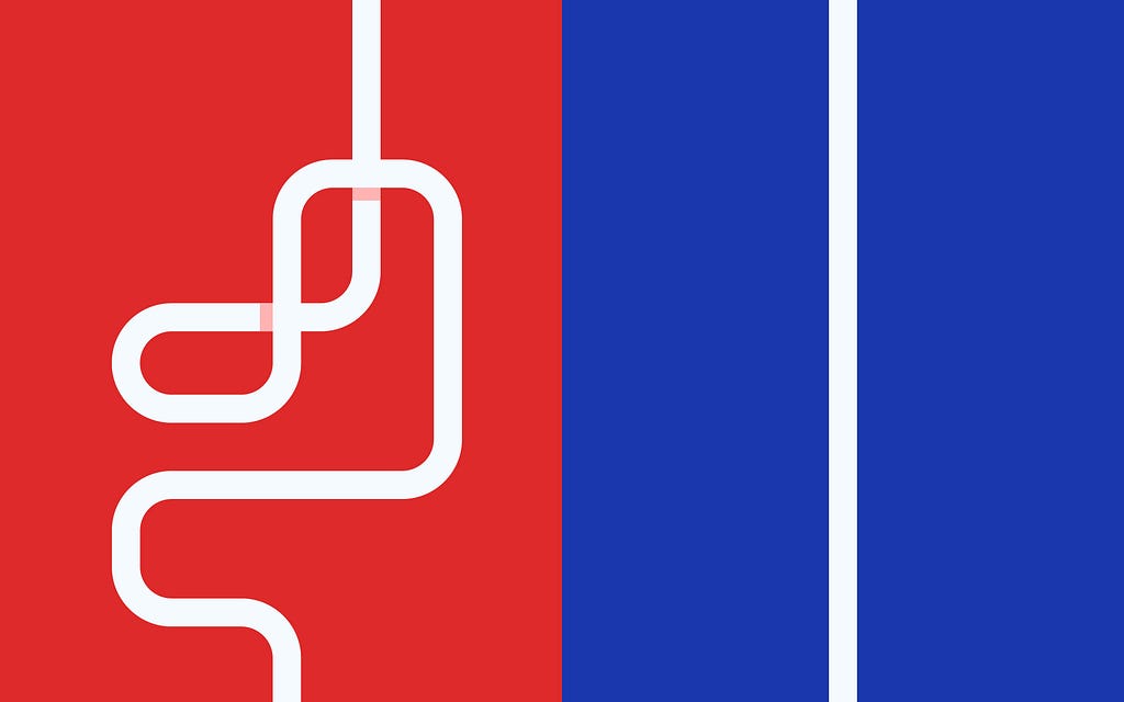 A red and blue split screen of a complex path on the left, and a simple path on the right.