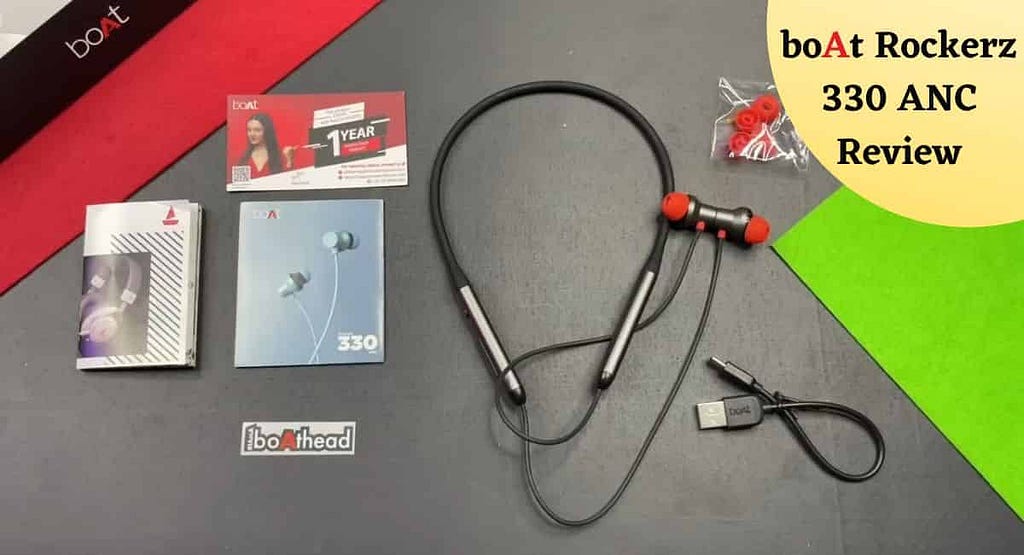 boAt Rockerz 330 ANC box content includes user manual, boAthead Sticker, Guarantee Card, Catalogue doc, Neckband earphones, Type c Cable, and eartips