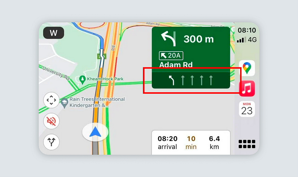 Screenshot of lane Assist feature on GoogleMaps