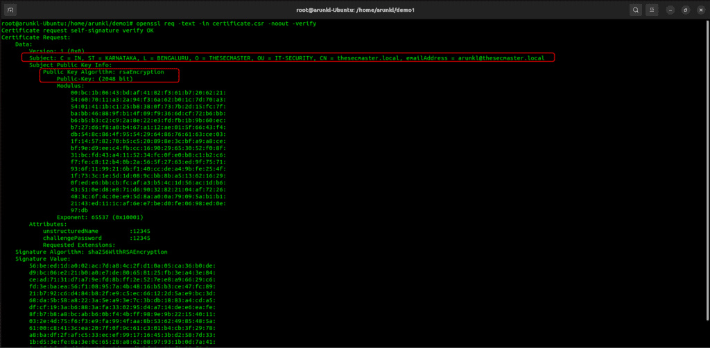 Terminal screenshot with the OpenSSL Command to Verify the Certificate Signing Request (CSR)