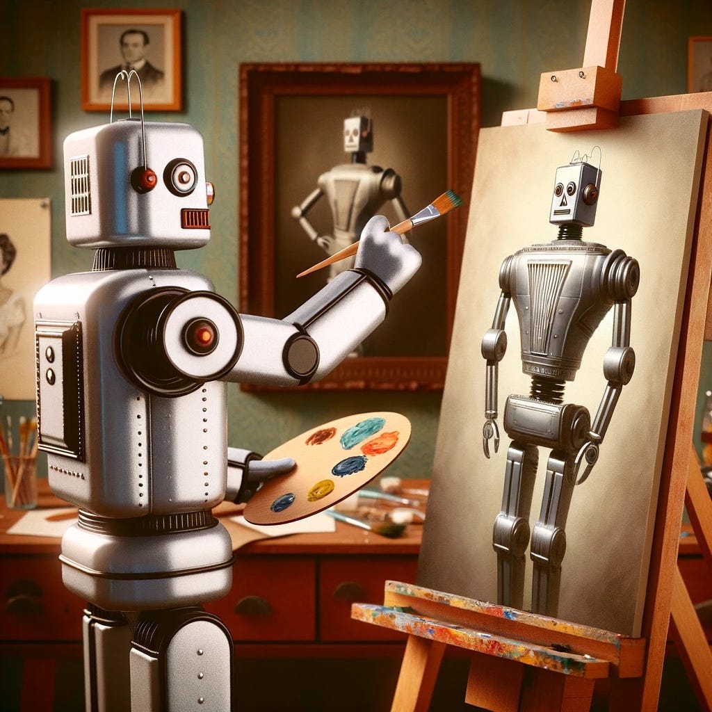 A 1950s style robot with a rectangular torso uses a paintbrush and artist’s palette to paint a portrait of another retro-futurist robot. (Generated by DALL-E)
