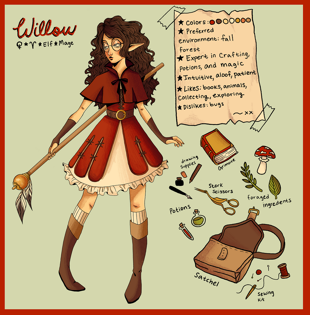 A character reference sheet of an autumnal elf girl. The contents of her bag and a piece of paper with information are included.