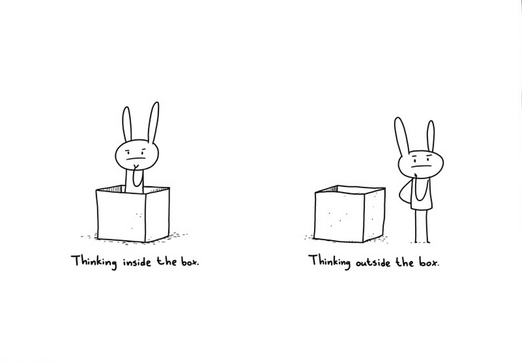 A bunny in a box, while thinking “inside the box” and a bunny standing outside of a box while thinking “outside the box”.