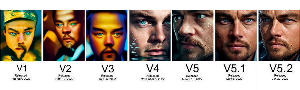 Evolução dos resultados do Midjourney do ator Leonardo DiCaprio, organizadas em ordem cronológica, da mais antiga para a mais recente; constatando uma evolução significativa na precisão e nos detalhes ao longo de um curto período de tempo.