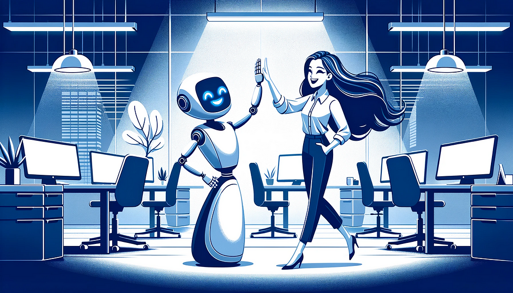 Duotone illustration in white and deep blue of a modern office setting. A joyful female marketer and a sleek AI robot, with a cheerful emoticon displayed on its screen, enthusiastically high-five each other, symbolizing successful collaboration. The background elements, including furniture and ambient lighting, are rendered in harmonious shades of white and deep blue, emphasizing a sense of achievement and teamwork.