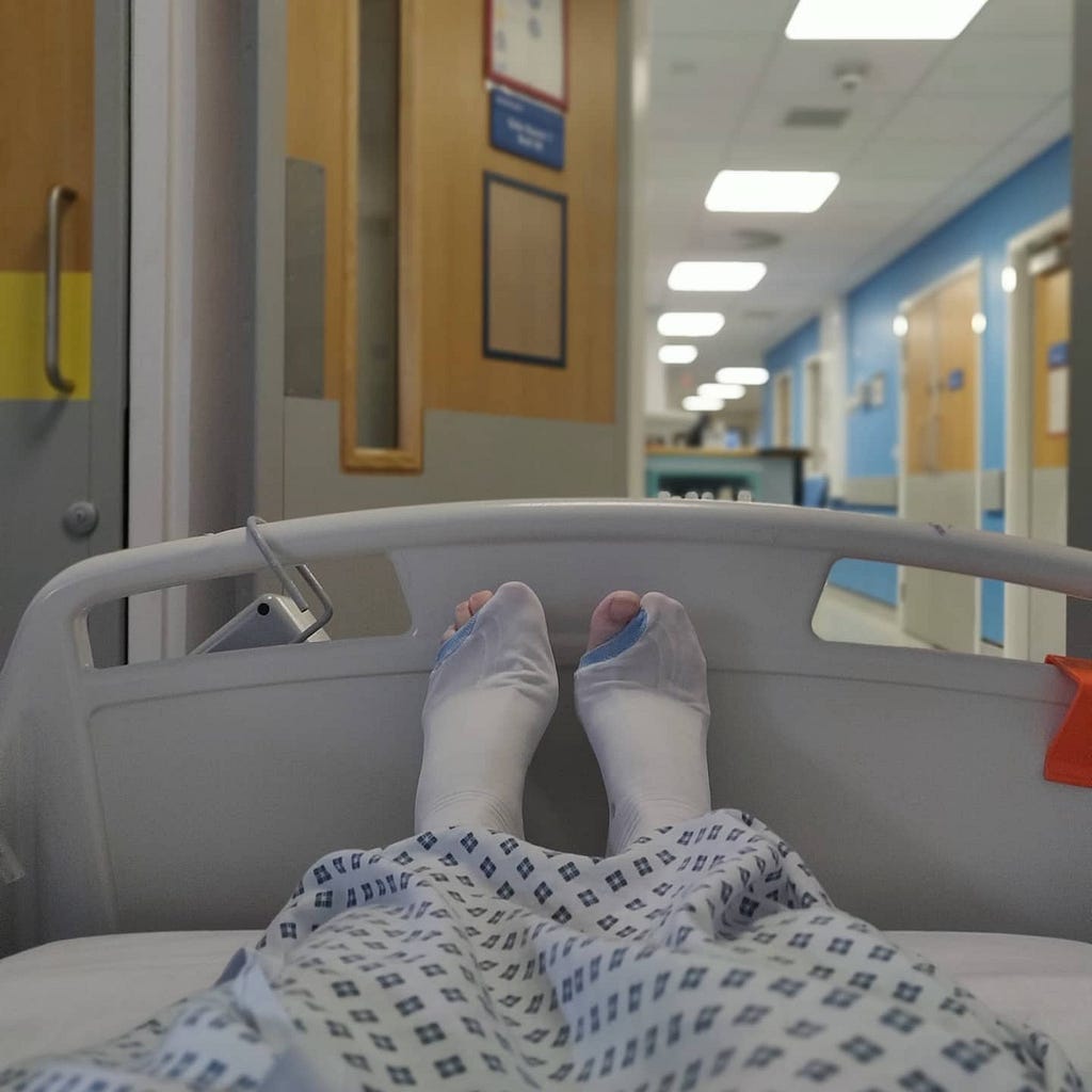 View of my feet in a hospital bed, wearing surgical stockings with one big toe poking out