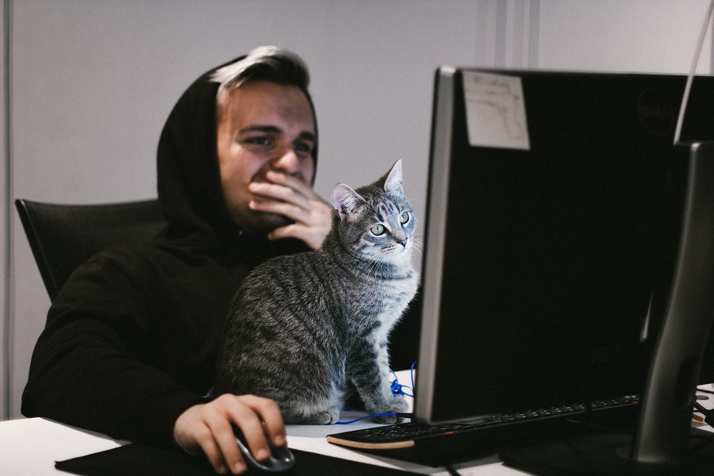 A man working on his computer with a cat sitting on the desk