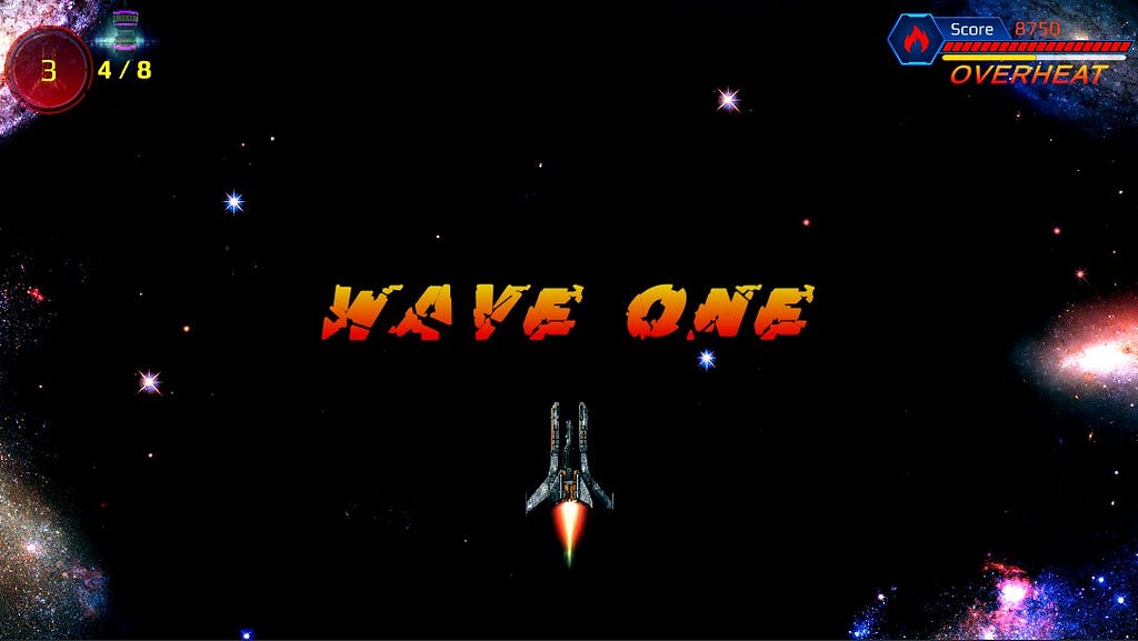 Wave one displayed over the player in a space shooter game.