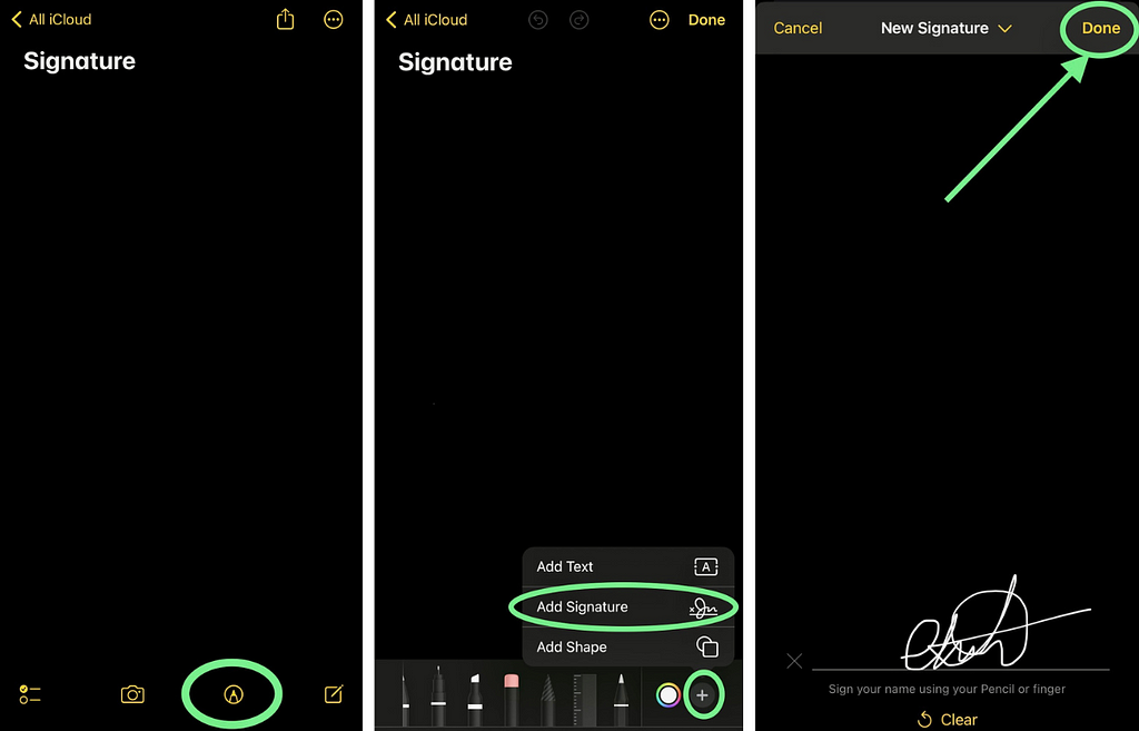 Screenshots Illustrating How to Add Signature to a Note using the Markup feature.