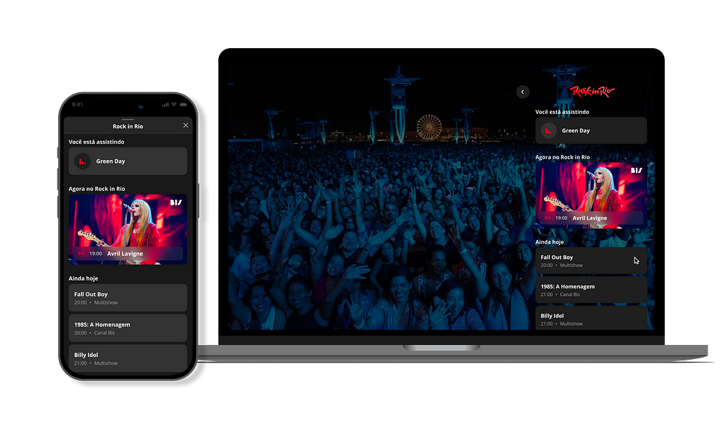 Imagem de um celular e um notebook apresentando duas versões adaptadas do painel para o Rock in Rio. Na versão para computador vemos o show ao fundo com o painel em primeiro plano, e na versão para celular, apenas o painel é exibido. Ambos os painéis exibem o nome do show que está sendo assistido, uma pequena imagem de outro show que está rolando simultaneamente, e abaixo a listagem dos demais shows que serão transmitidos naquele dia.