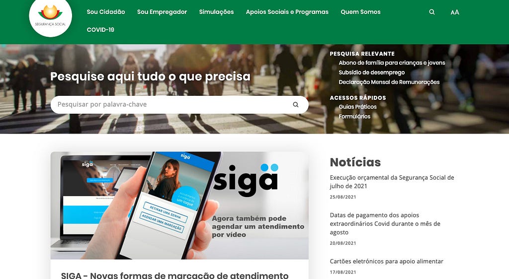 Homepage of portal Segurança Social