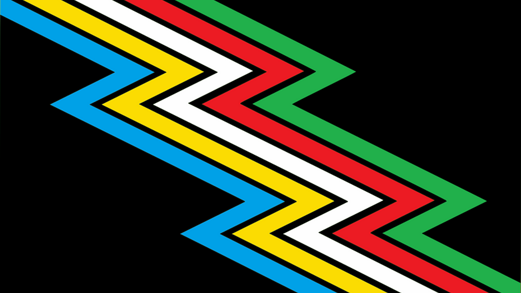 A black rectangle with 5 zigzagging stripes in the middle. They are colored from left to right: blue, yellow, white, red, green.