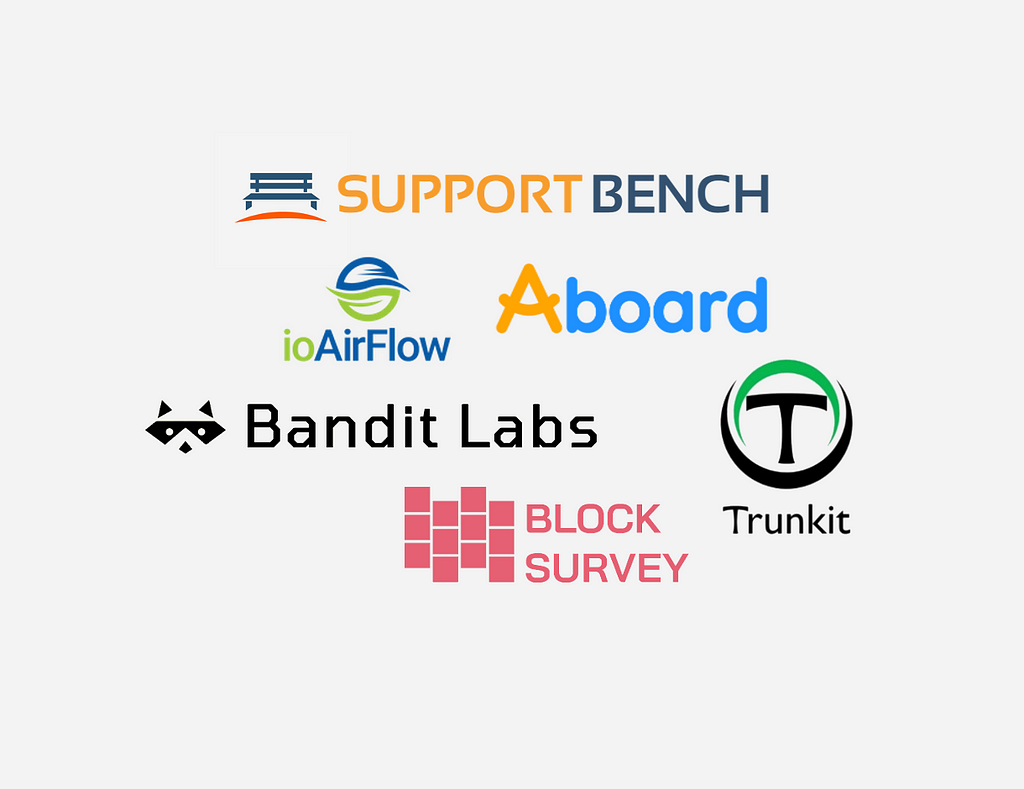 Supportbench, ioAirFlow, Aboard, Bandit Labs, BlockSurvey, Trunkit