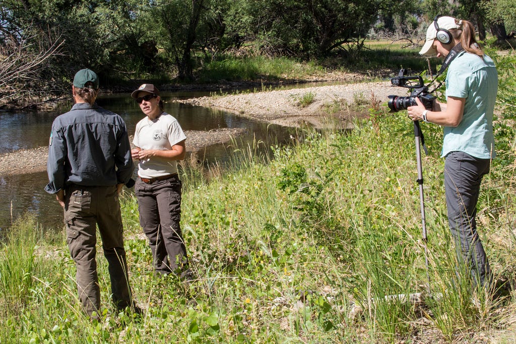 Kayt Jonsson documenting stream restoration. Work being done to repair riparian habitat on the St. Vrain River, with special emphasis on the Preble’s meadow jumping mouse. Photo Credit: Kayt Jonsson/USFWS