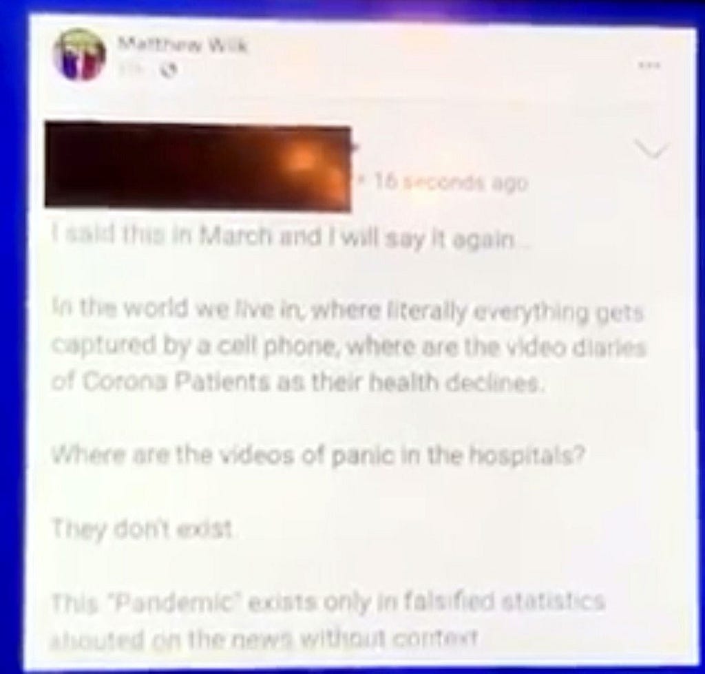 Screen shot of since-deleted social media post by GKBTS PAC director Matthew Wilk in which he mocks the seriousness of the COVID-19 pandemic by claiming that “videos of panic in the hospitals don’t exist” and that the pandemic “only exists in falsified statistics.”